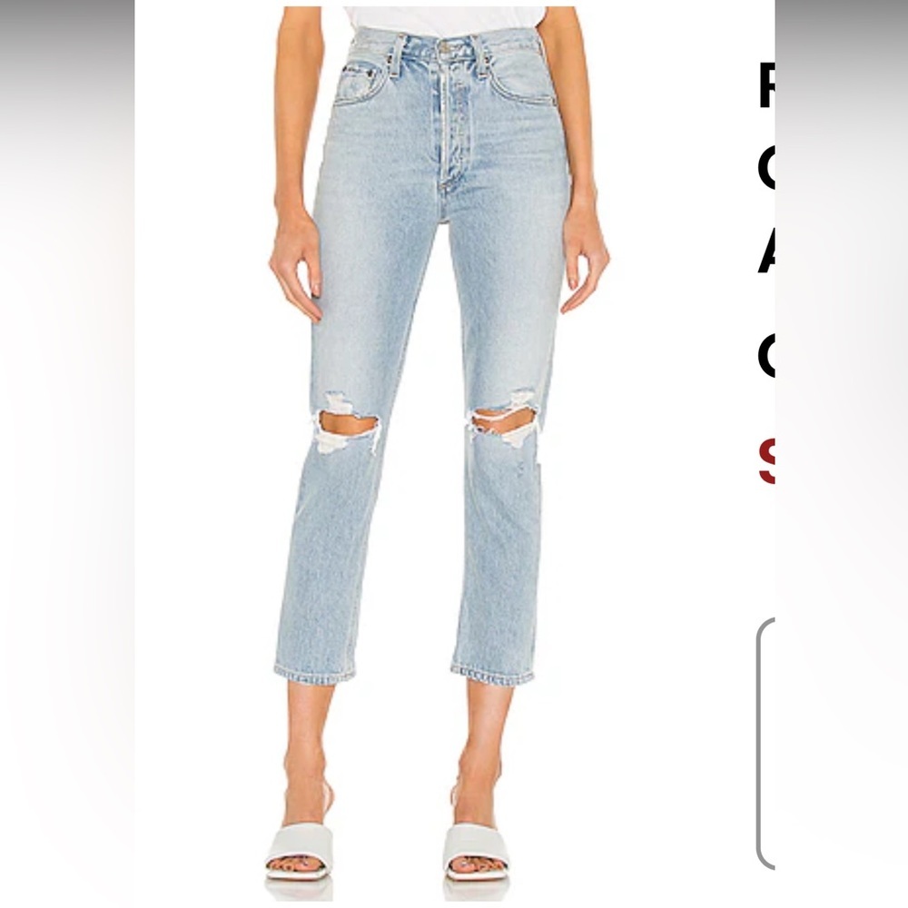 Agolde Riley High Rise Straight Crop Light Blue Distressed Jeans Size 28